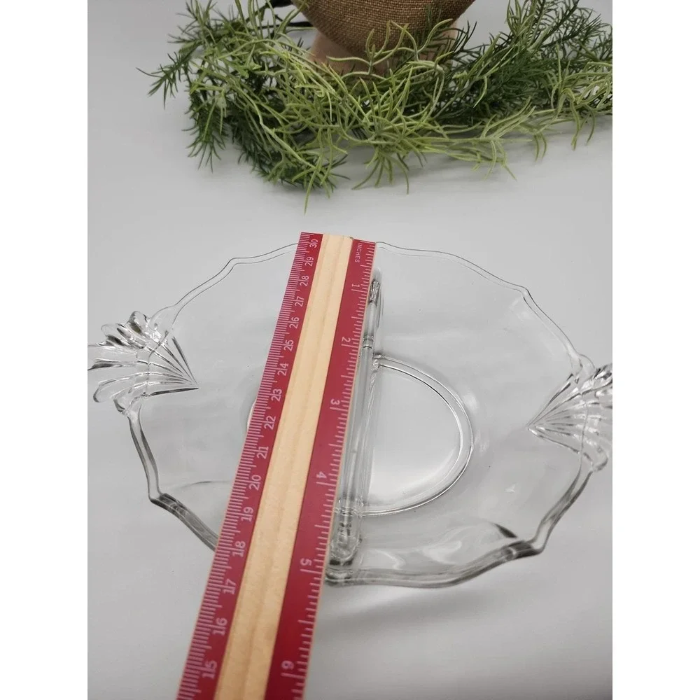 Vintage Clear Glass Divided Relish‎ Dish Fan Handles Mid-Century Serving Bowl